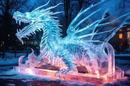 intricate ice dragon with flames in background, created with generative aiの素材