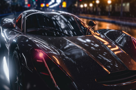 close-up of hypercar headlights at nighttime cityscape, created with generative aiの素材