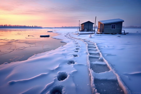snowy footprints leading to ice fishing setup on lake, created with generative aiの素材