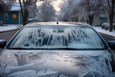 ice-covered windshield with wipers raised, created with generative aiの素材