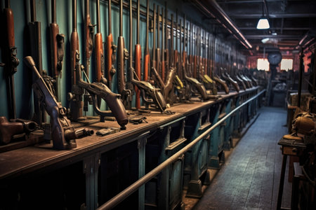 a row of firearms ready for repair or customization, created with generative aiの素材