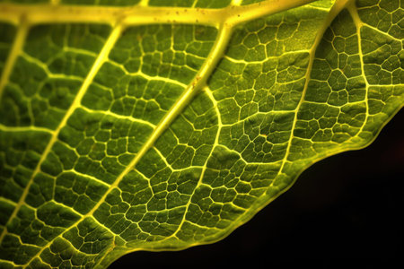 branching veins of a leaf illuminated by sunlight, macro shot, created with generative aiの素材