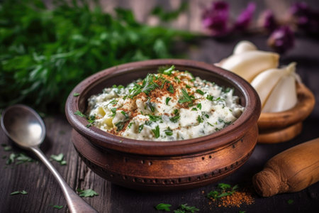 cottage cheese in a bowl with herbs and spices, created with generative aiの素材