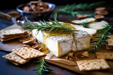 sliced brie with figs, rosemary, and crackers, created with generative aiの素材