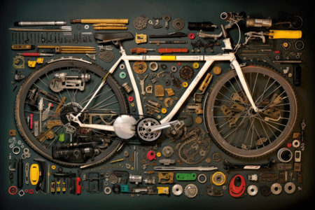 top view of disassembled bike parts arranged neatly, created with generative aiの素材