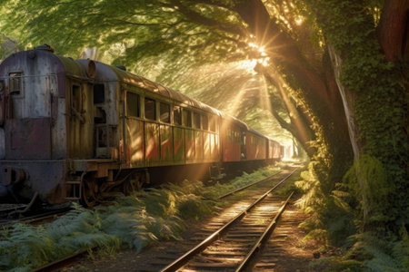 sun rays shining through trees onto old trains, created with generative aiの素材