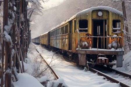 snow-covered abandoned trains in winter, created with generative aiの素材