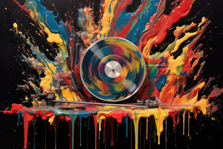 multicolored paint splashes on a spinning record, created with generative aiの素材
