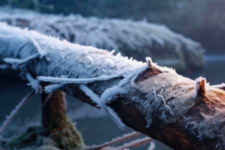 frost outlining the edges of a fallen tree branch, created with generative aiの素材