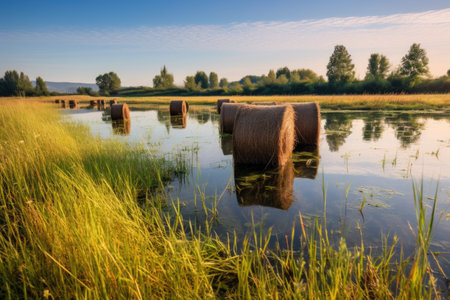 partially submerged hay bales in a meadow, created with generative aiの素材