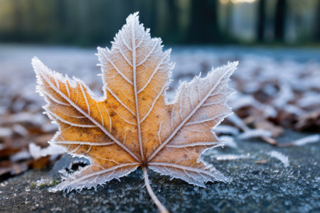 close-up of frost-covered maple leaf on ground, created with generative aiの素材