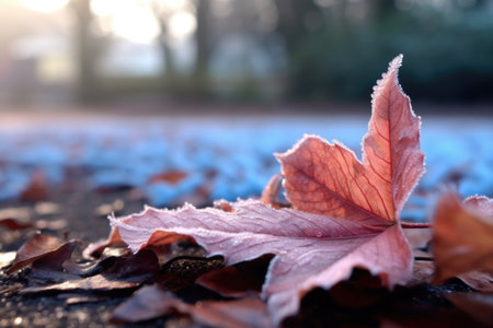 frost on fallen leaves with blurred bokeh background, created with generative aiの素材