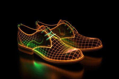illuminated smart shoes on a dark surface, created with generative aiの素材