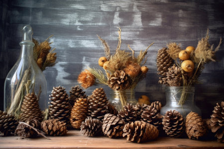 collection of pine cones on a rustic table, created with generative aiの素材