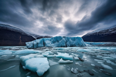 wide-angle shot of glacier calving with dramatic sky, created with generative aiの素材