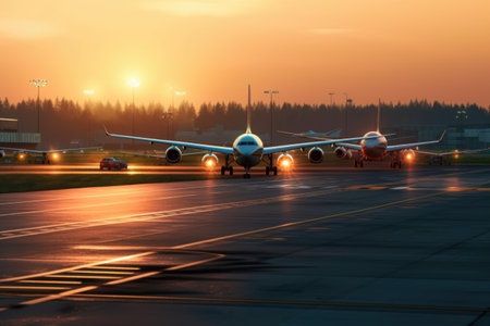 airplanes on runway at international cargo airport, created with generative aiの素材