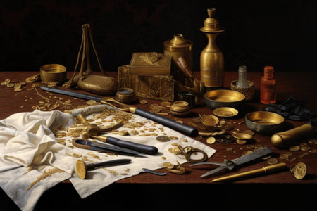 goldsmiths tools and gold foil on table, created with generative aiの素材