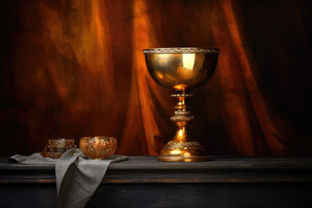 golden cup on a pedestal with spotlights, created with generative aiの素材