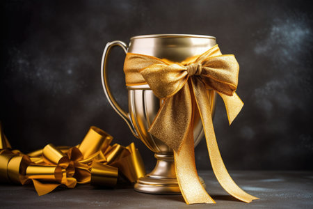 golden cup with a ribbon tied around the handle, created with generative aiの素材