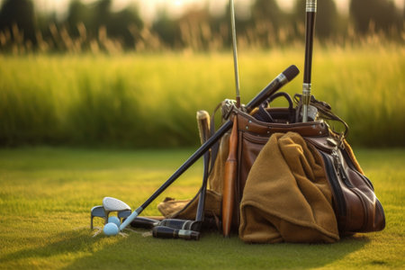 golf clubs in a bag, placed near a putting green, created with generative aiの素材