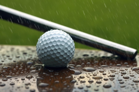 raindrops on a golf club and ball, showcasing weather challenges, created with generative aiの素材