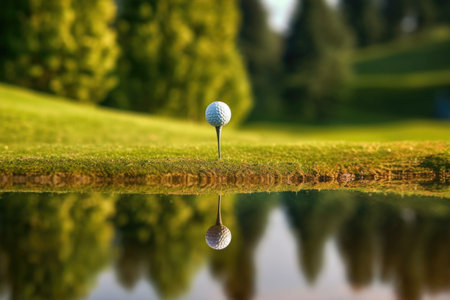 golf ball resting on a tee with fairway background, created with generative ai