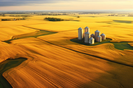 aerial view of grain elevators in golden wheat field, created with generative aiの素材