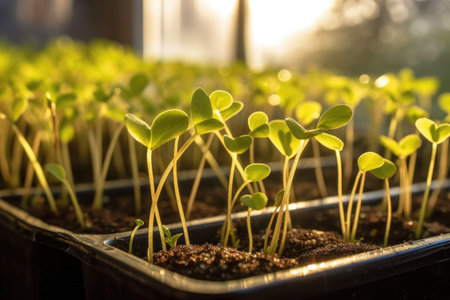 close-up of seedlings sprouting in a greenhouse tray, created with generative aiの素材