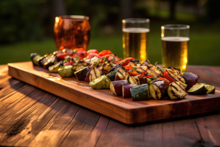 smoky cedar plank with sizzling grilled veggies, created with generative aiの素材