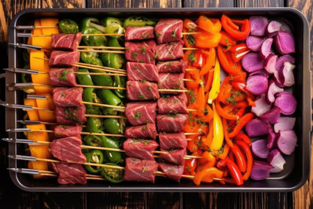 beef skewers with colorful veggies on grill, top view, created with generative aiの素材