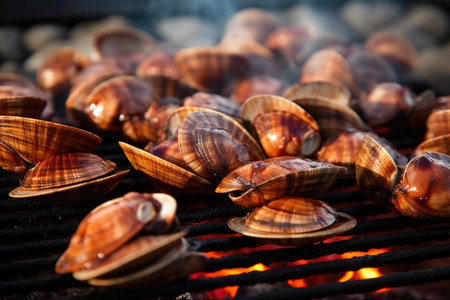 close-up of clams on a beach bbq grill, created with generative aiの素材