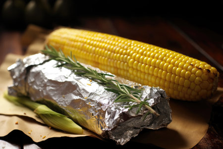 corn on the cob wrapped in foil on a grill, created with generative aiの素材