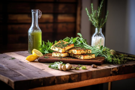 grilled halloumi and cedar plank on rustic table, created with generative aiの素材