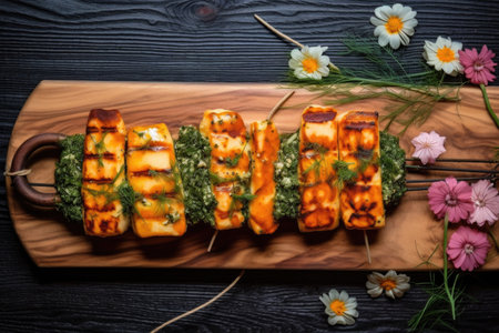 overhead view of grilled halloumi on cedar plank, created with generative aiの素材