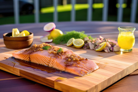 cedar plank soaked in water with fresh mahi mahi fillets, created with generative aiの素材