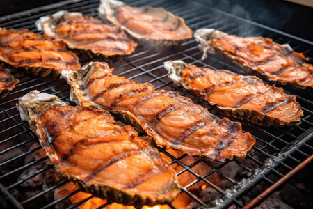 close-up of oysters on a beach bbq grill, showing grill marks and juicy texture, created with generative aiの素材
