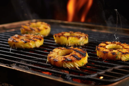 charred pineapple slices on a hot grill with smoke rising, created with generative aiの素材