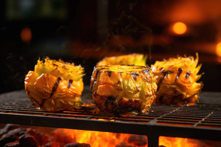 pineapple chunks on a grill with flames in the background, created with generative aiの素材