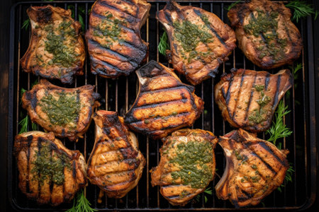 aerial view of perfectly grilled pork chops on a grill, created with generative aiの素材