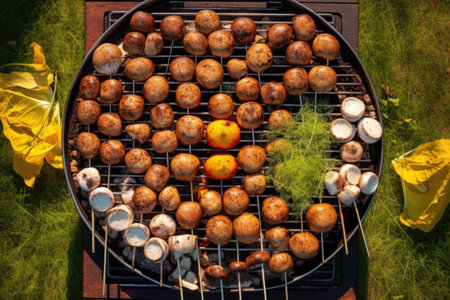 top view of mushrooms grilling on a sunny day, created with generative aiの素材