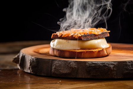 smoke rising from provolone cheese on cedar plank grill, created with generative aiの素材