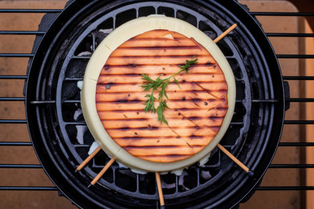 overhead view of provolone cheese grilling on cedar, created with generative aiの素材