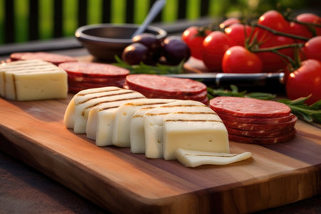 provolone cheese slices on cedar plank with grill marks, created with generative aiの素材
