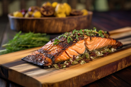 cedar plank salmon with charred edges and grill backdrop, created with generative aiの素材