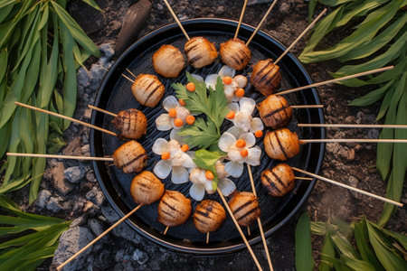 top view of scallops grilling on a beach fire pit, created with generative aiの素材