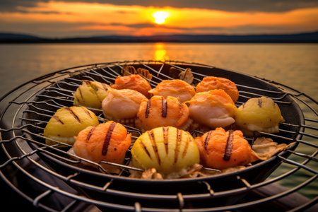scallops in a grill basket with beach sunset view, created with generative aiの素材