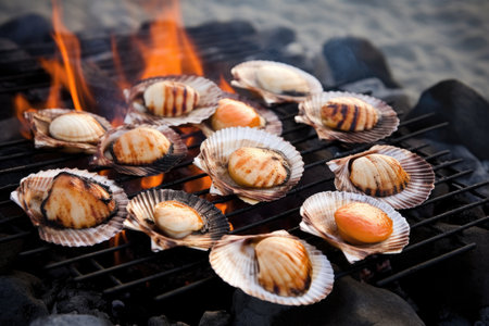 grilling scallops in seashells on a beach bbq, created with generative aiの素材