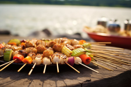 beach bbq with scallops and colorful skewers, created with generative aiの素材
