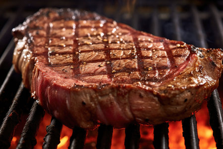 close-up of grill marks on a juicy t-bone steak, created with generative aiの素材