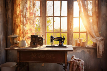 rustic sewing machine with sunlit window background, created with generative aiの素材